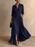 Gabrielle | Elegante Vestito Camicia Maxi Blu Marino Annodato