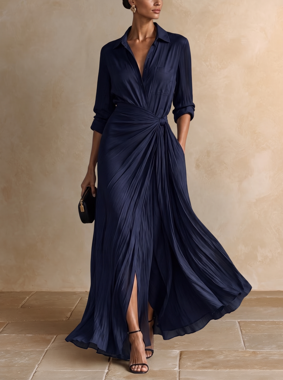 Gabrielle | Elegante Vestito Camicia Maxi Blu Marino Annodato