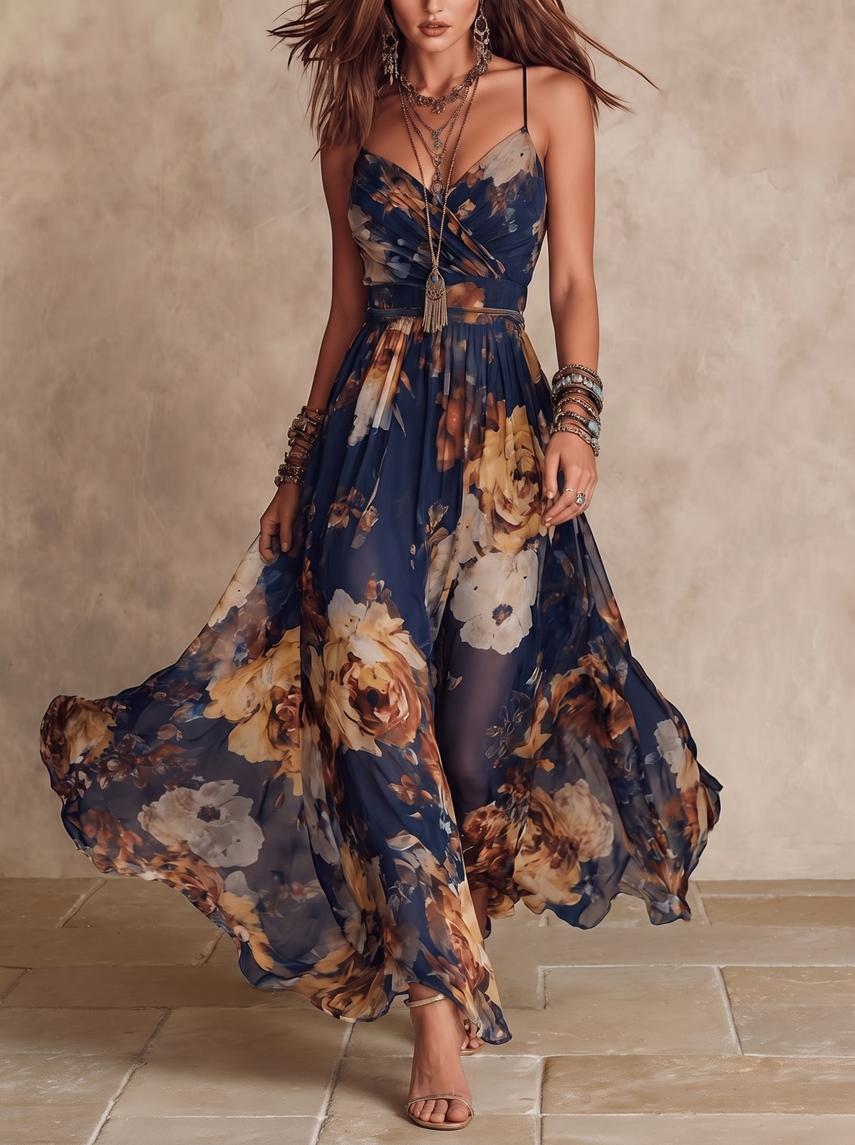 Adrienne | Abito Maxi in Chiffon Blu Navy con Stampa Floreale e Spalline Sottili