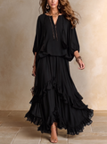 Elvire | Top V-collo in Chiffon Nero con Frange Abbinato a un Set di Gonna a Volant Sovrapposti