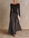 Marine | Abito Maxi Plissettato con Collo Drappe Bicolore Nero e Grigio