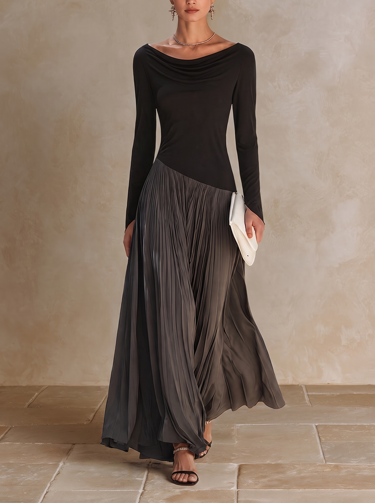 Marine | Abito Maxi Plissettato con Collo Drappe Bicolore Nero e Grigio