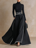 Colette | Abito Maxi Donna Nero con Cuciture Bianche e Collo Alto, Maniche Lunghe, Vita Sottile