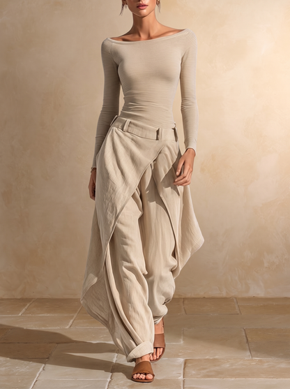 Orsola | Completo Top a Barca e Pantalone a Strati, Beige