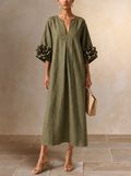 Aurélie | Abito Midi Verde Oliva con Scollatura a V e Maniche Floreali Stravaganti