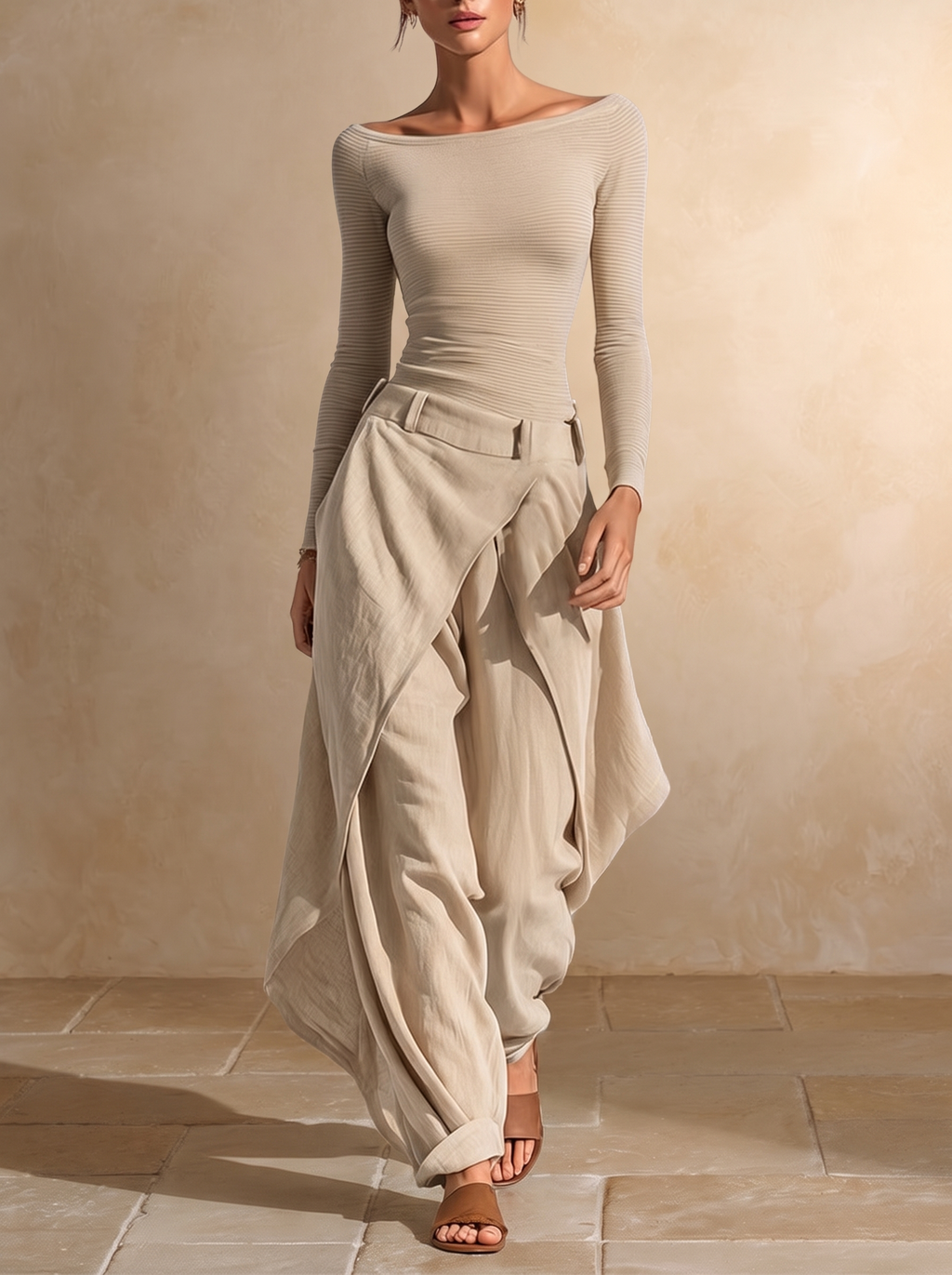 Juliette | Top Beige Col Bateau e Set Pantalone Largo con Sovrapposizioni