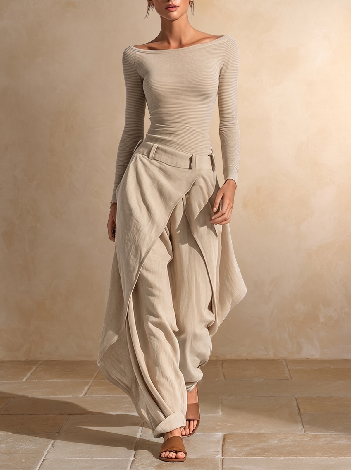 Juliette | Top Beige Col Bateau e Set Pantalone Largo con Sovrapposizioni