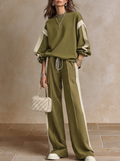 Solange | Felpa Verde Oliva Collo Rotondo e Pantalone Largo con Corda Completo Casual
