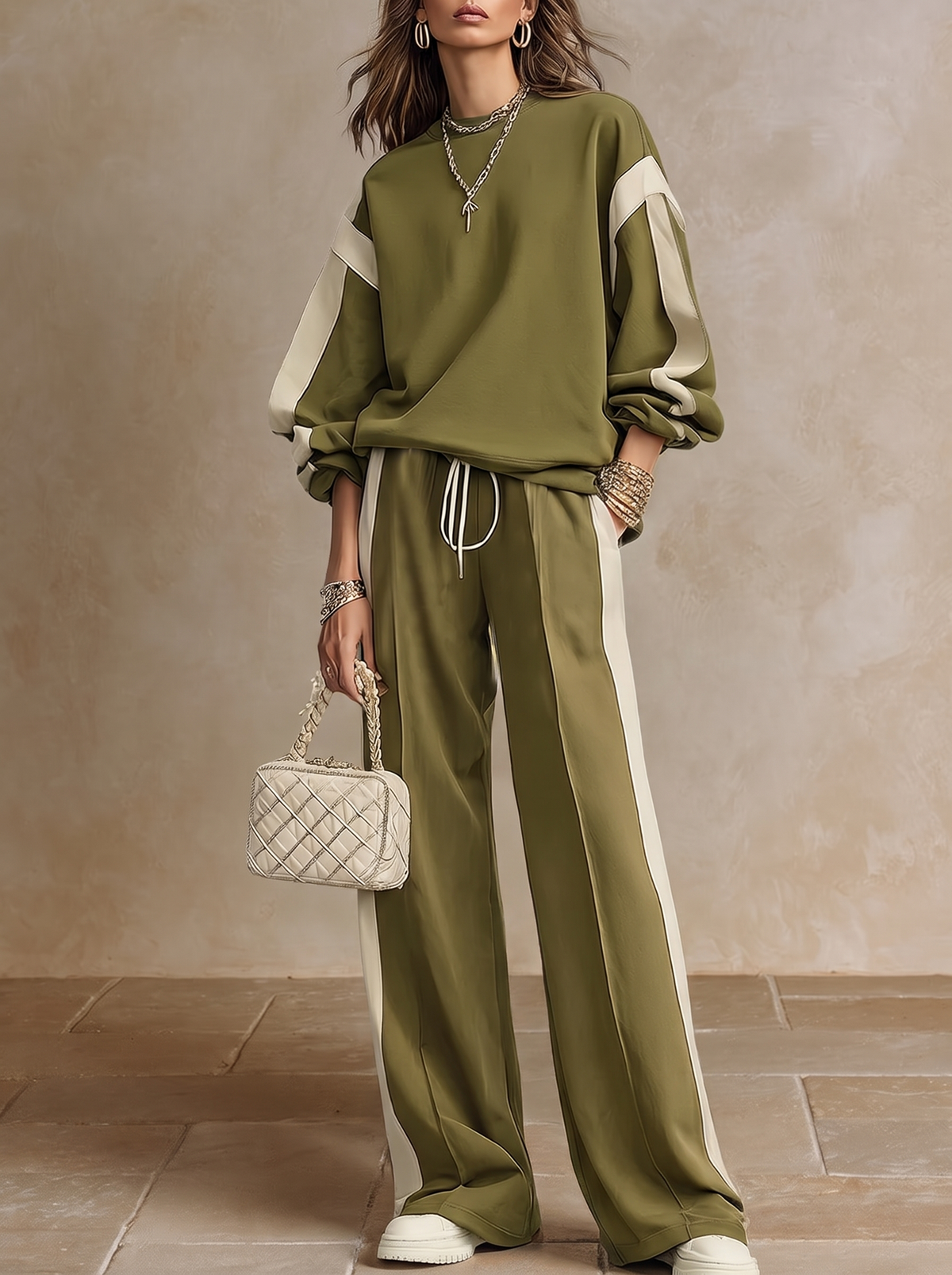 Solange | Felpa Verde Oliva Collo Rotondo e Pantalone Largo con Corda Completo Casual
