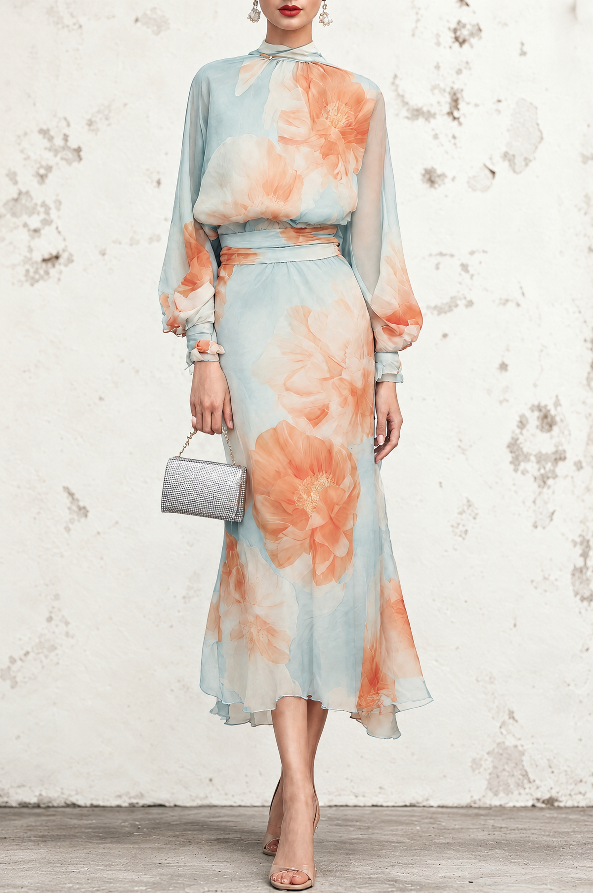 Emilia | Completo di due pezzi: top con collo alto e maniche lunghe con gonna floreale romantica
