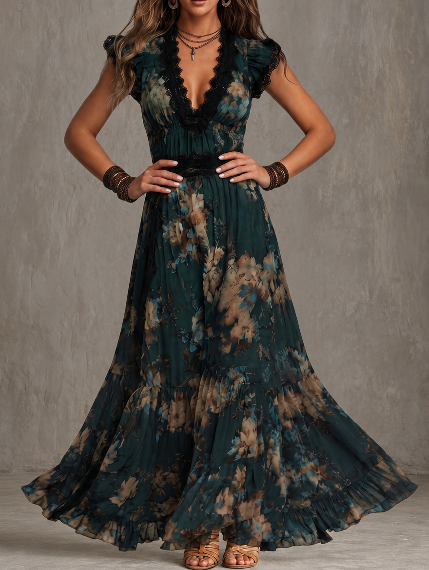 Luz | Vestito lungo in chiffon vintage verde scuro con pizzo floreale