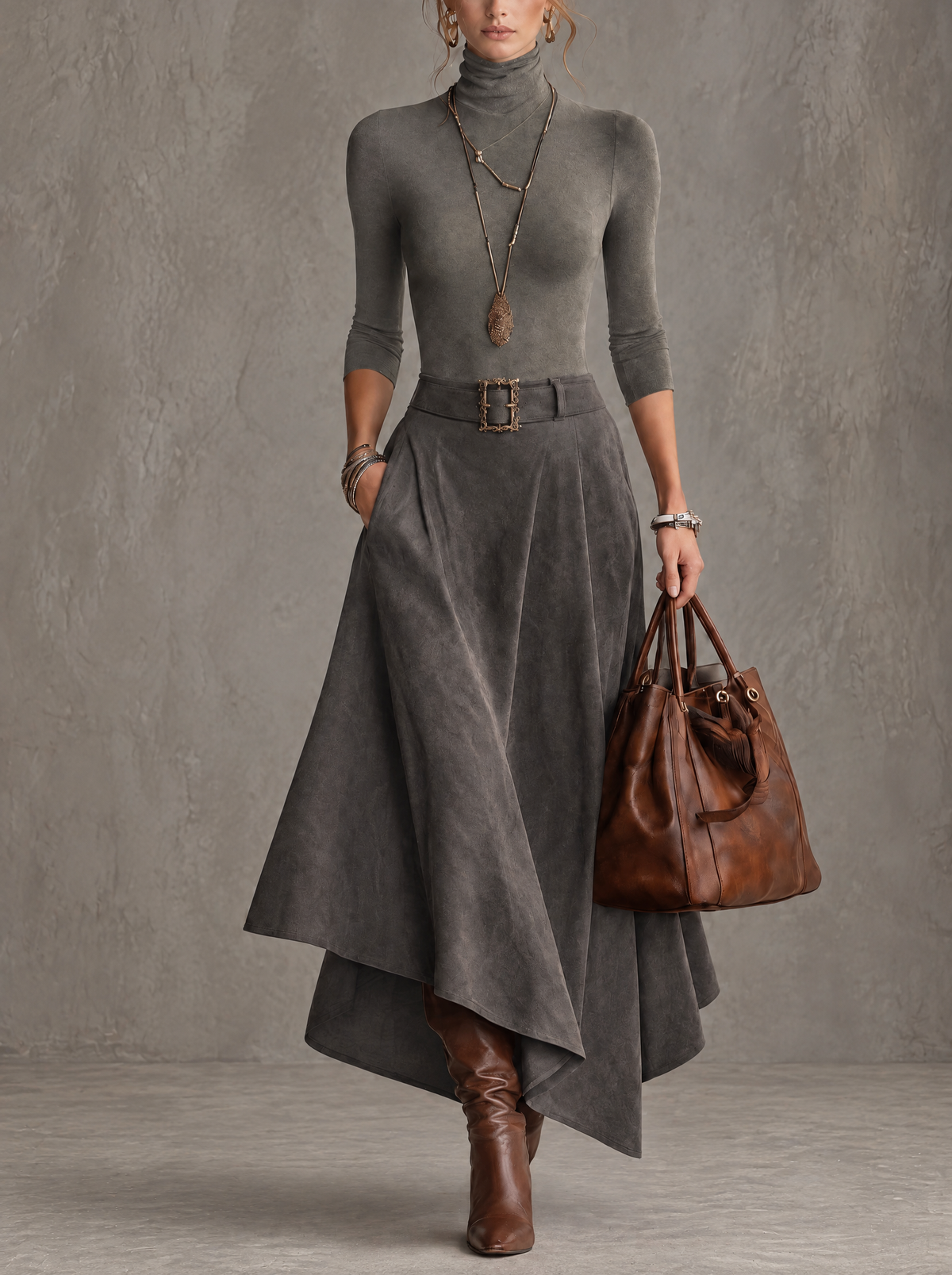 Carmen | Completo top a collo alto grigio e gonna midi asimmetrica in camoscio sintetico (con cintura)