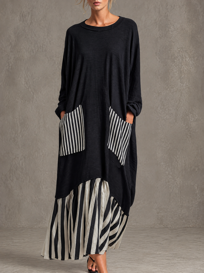 Alba | Abito lungo oversize in cotone nero con righe in stile patchwork