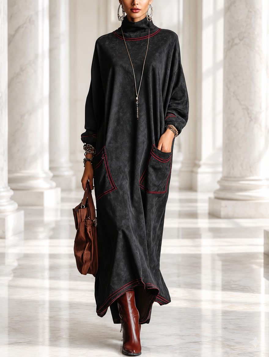 Estela | Vestito lungo in suede sintetico nero con cuciture a contrasto rosse e tasche a toppa