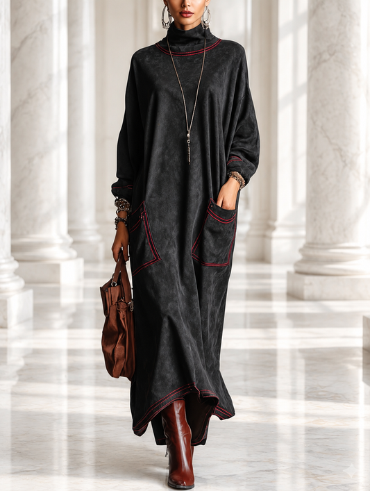 Estela | Vestito lungo in suede sintetico nero con cuciture a contrasto rosse e tasche a toppa