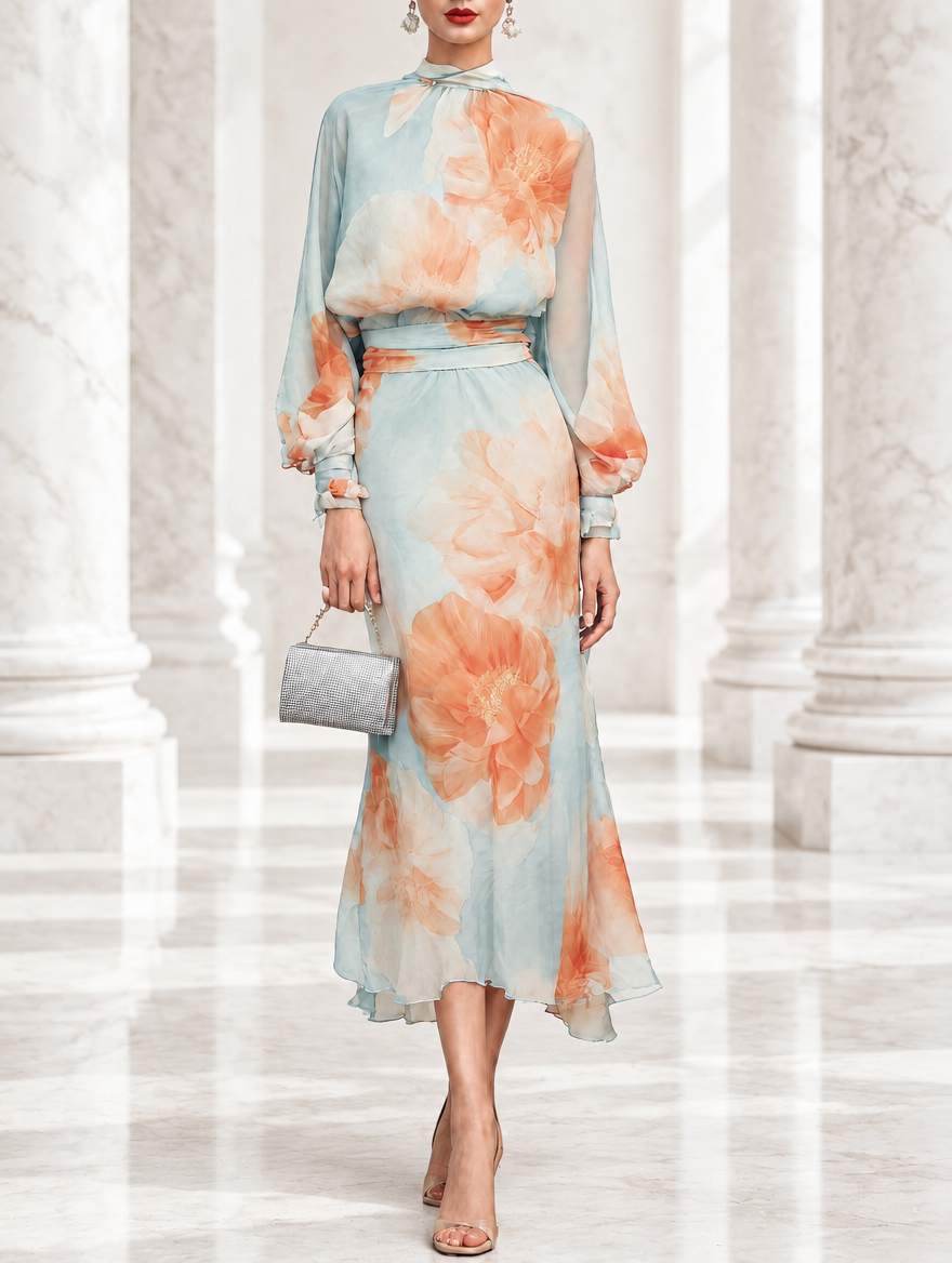 Emilia | Completo di due pezzi: top con collo alto e maniche lunghe con gonna floreale romantica