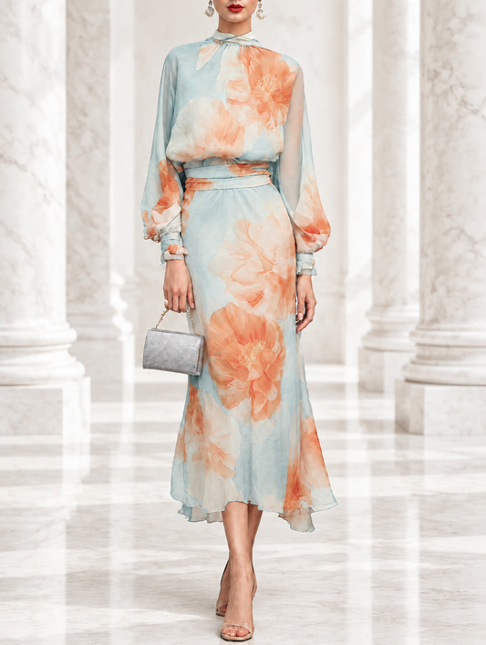 Emilia | Completo di due pezzi: top con collo alto e maniche lunghe con gonna floreale romantica