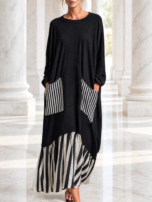 Alba | Abito lungo oversize in cotone nero con righe in stile patchwork