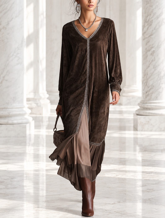 Teresa | Vestito midi ampio in suede sintetico con scollo a V e dettaglio di bordatura