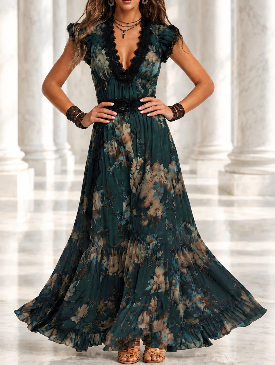 Luz | Vestito lungo in chiffon vintage verde scuro con pizzo floreale