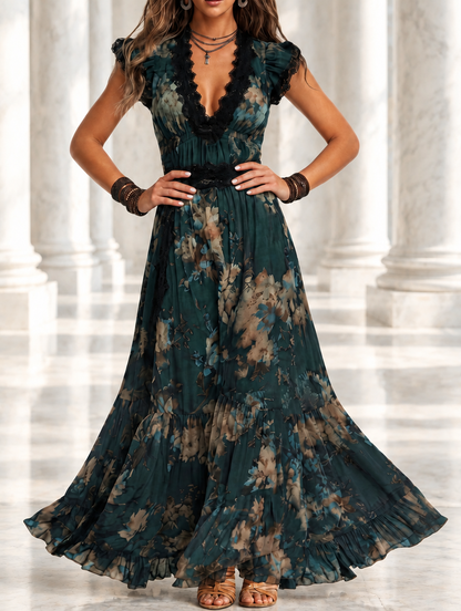 Luz | Vestito lungo in chiffon vintage verde scuro con pizzo floreale