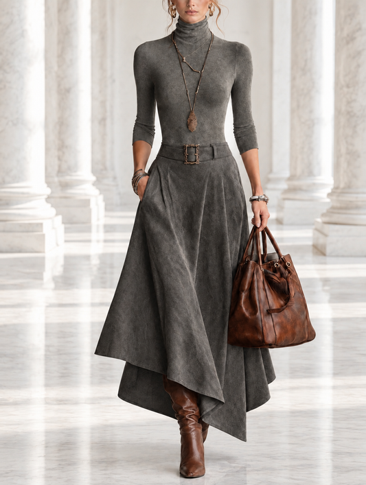 Carmen | Completo top a collo alto grigio e gonna midi asimmetrica in camoscio sintetico (con cintura)