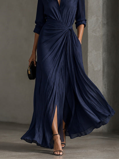 Allegra | Abito Chemisier Maxi con Nodo in Vita, Blu Navy