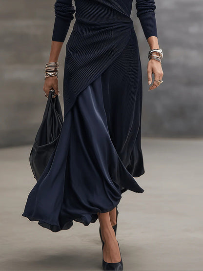 Tamara | Abito Maxi a Portafoglio con Gonna in Raso, Blu Navy