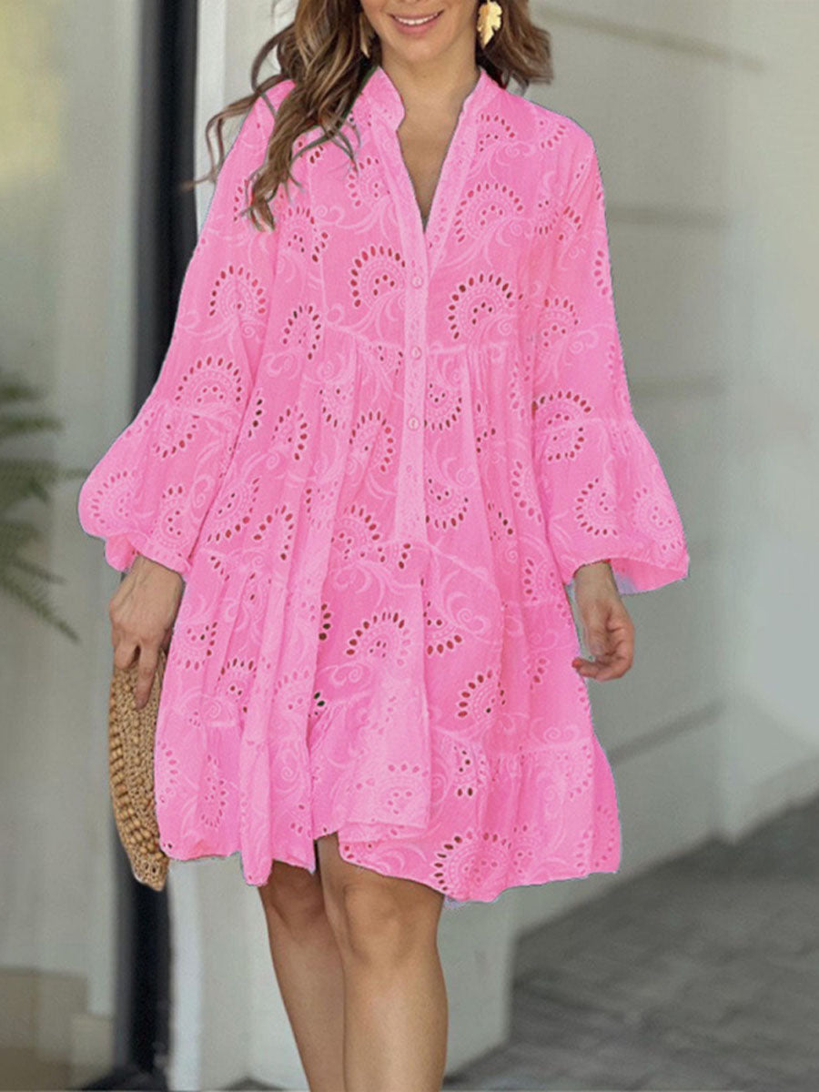 Lucía | Vestito Mini in Pizzo Ricamato con Scollatura a V e Manica Lunga