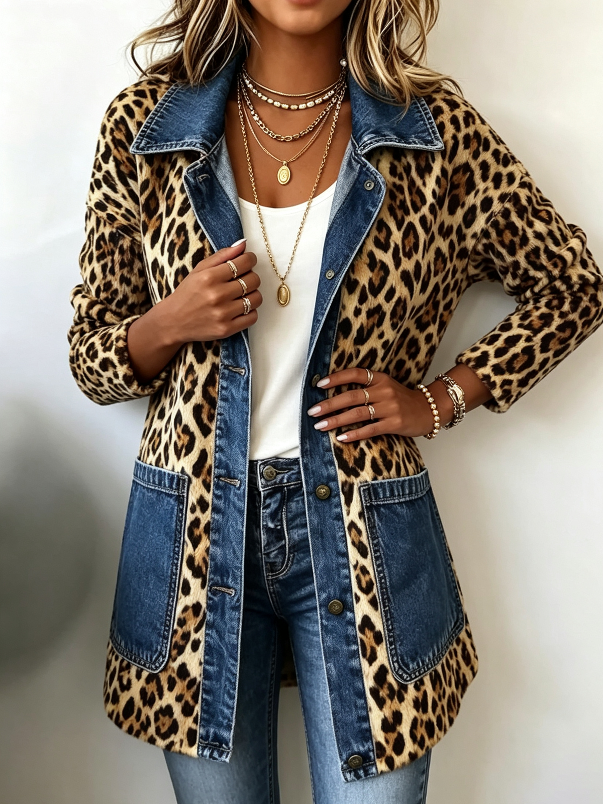 Flavia | Giacca Lunga in Denim con Inserti Leopardo