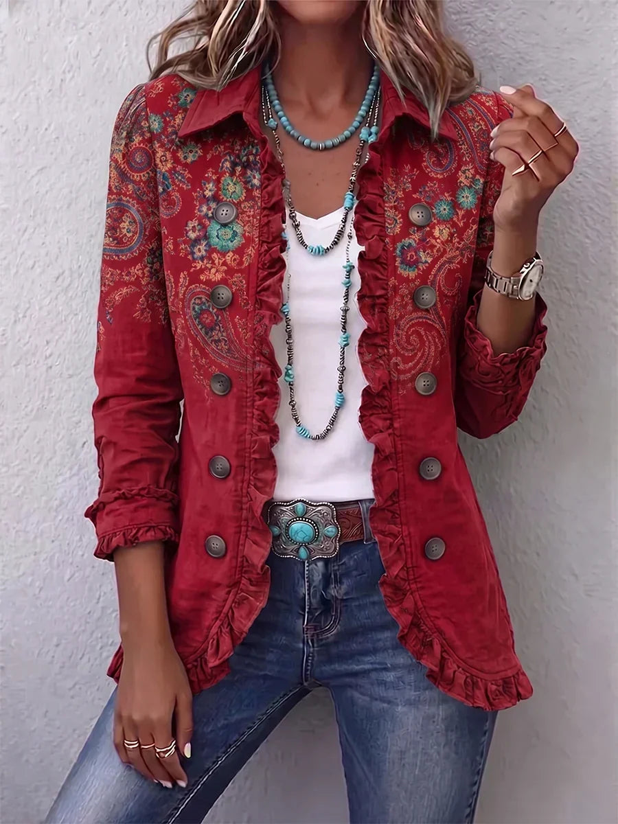Fiorella | Giacca Boho con Volant, Paisley Rosso Rubino