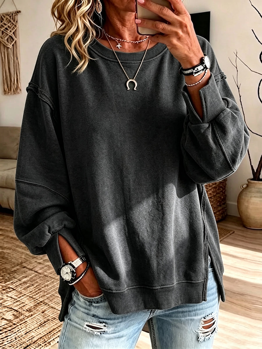 Felpa Oversized in Cotone con Collo a Giro e Cuciture Esposte