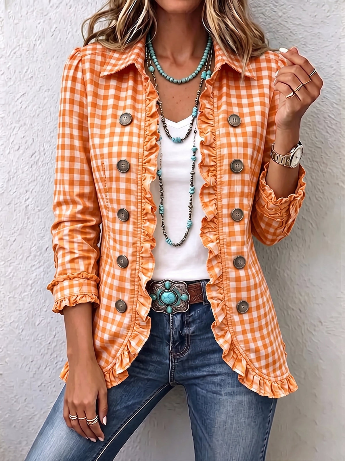 Chiara | Giacca Boho con Volant in Quadretti Vichy