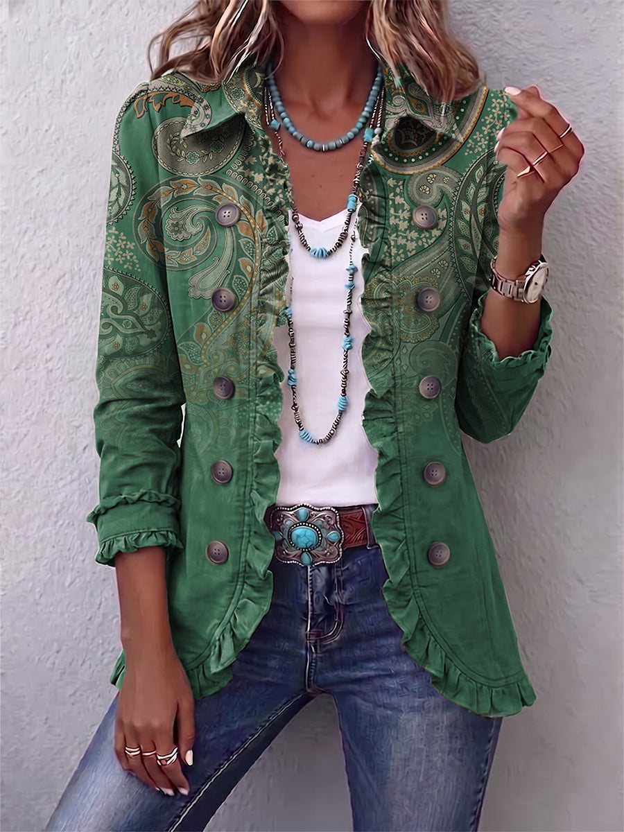 Ginevra | Giacca Boho con Volant, Paisley Verde Salvia
