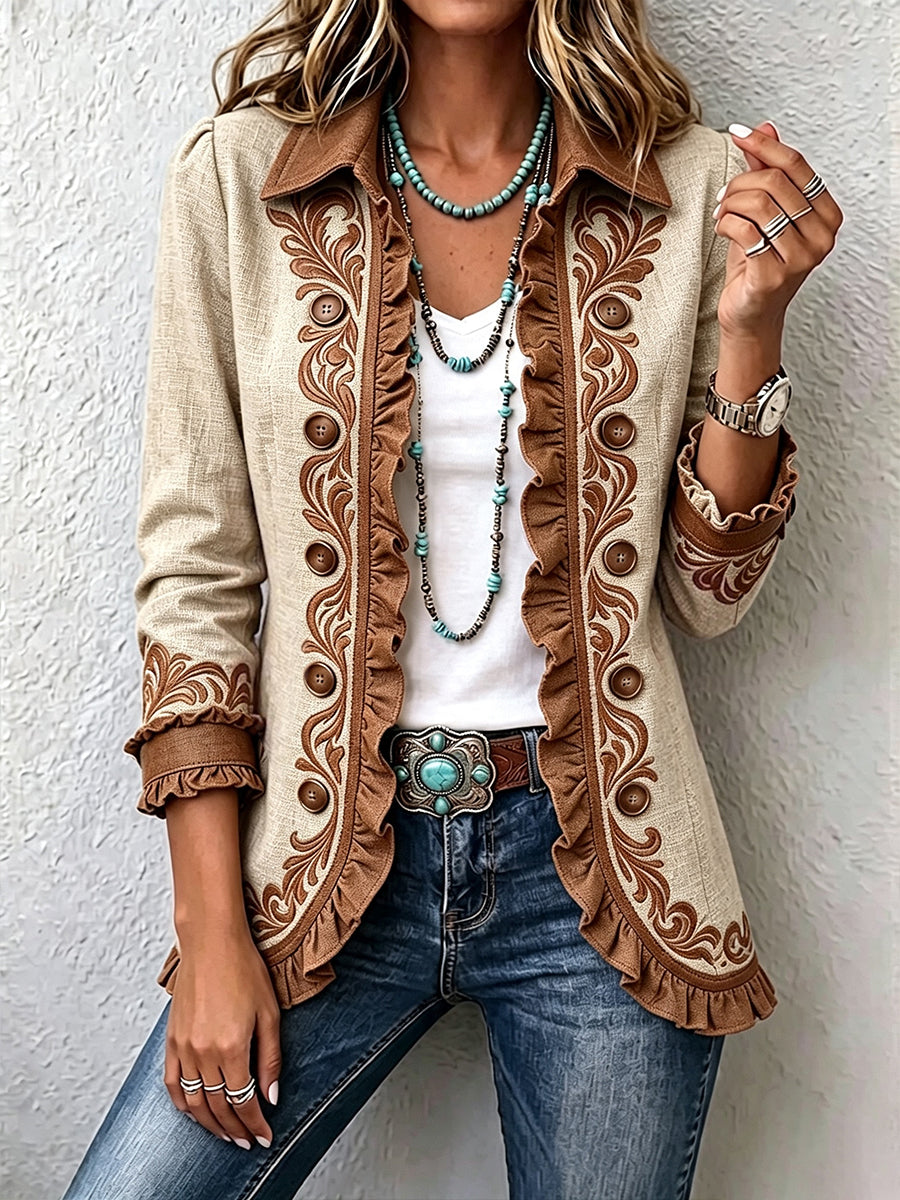 Donatella | Giacca Boho con Volant, Paisley Panna e Marrone