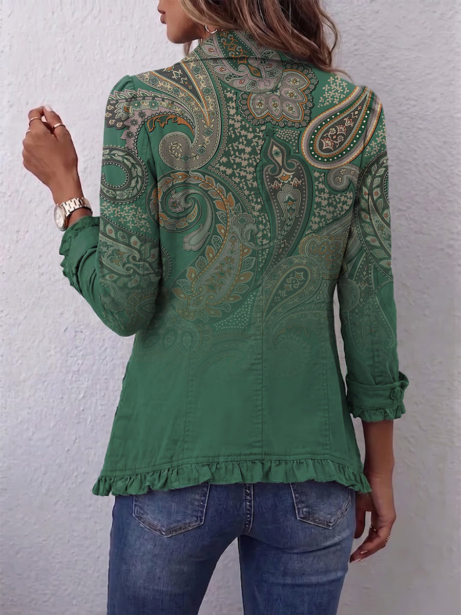 Ginevra | Giacca Boho con Volant, Paisley Verde Salvia