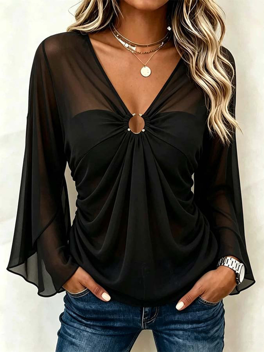Top V-Neck con Maniche Trasparenti e Anello Chic