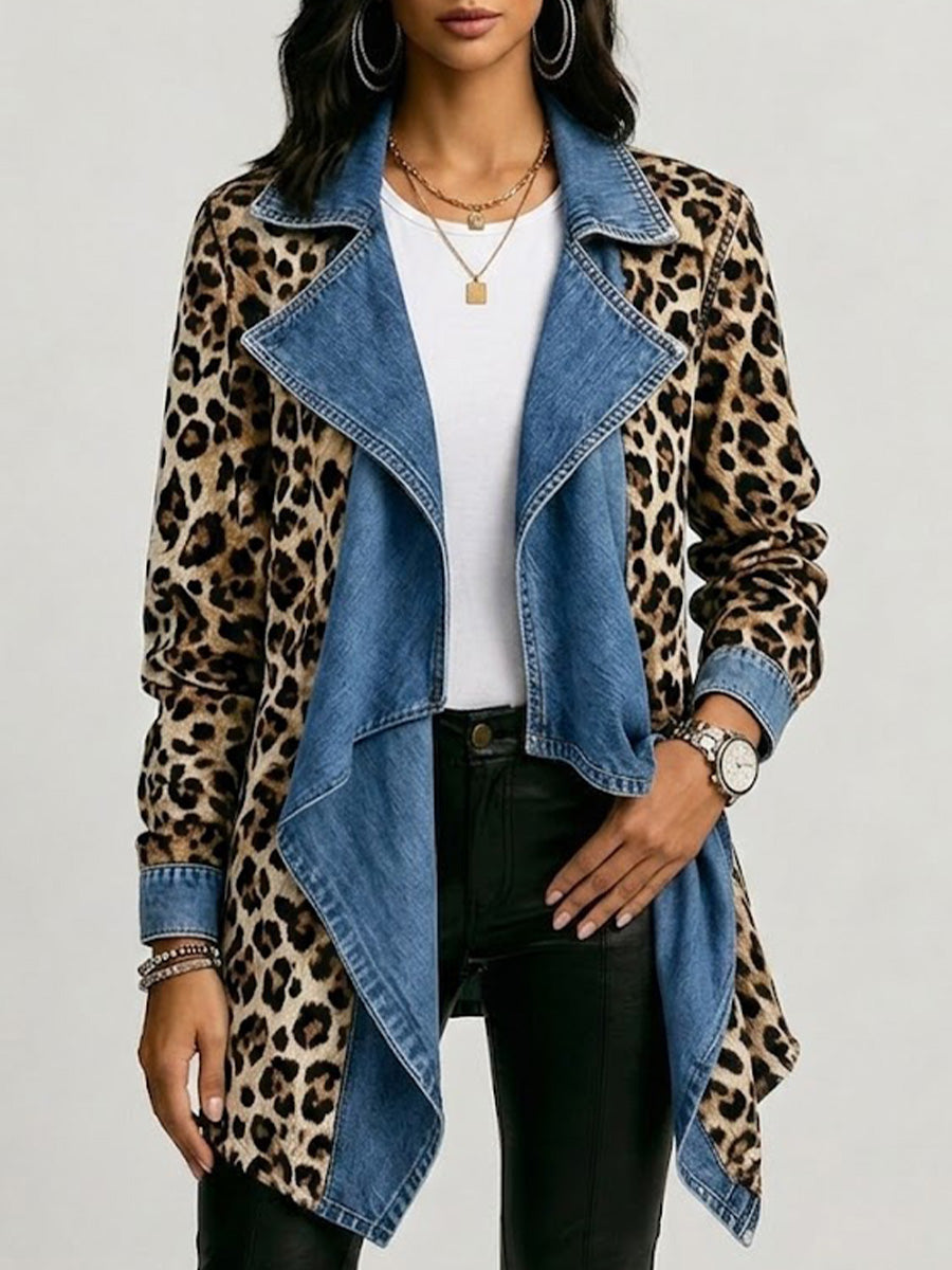 Sabrina | Giacca in Denim con Rever e Maniche Leopardo, Kaki