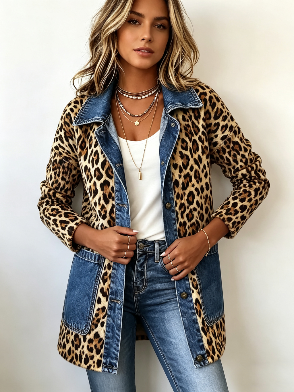 Flavia | Giacca Lunga in Denim con Inserti Leopardo