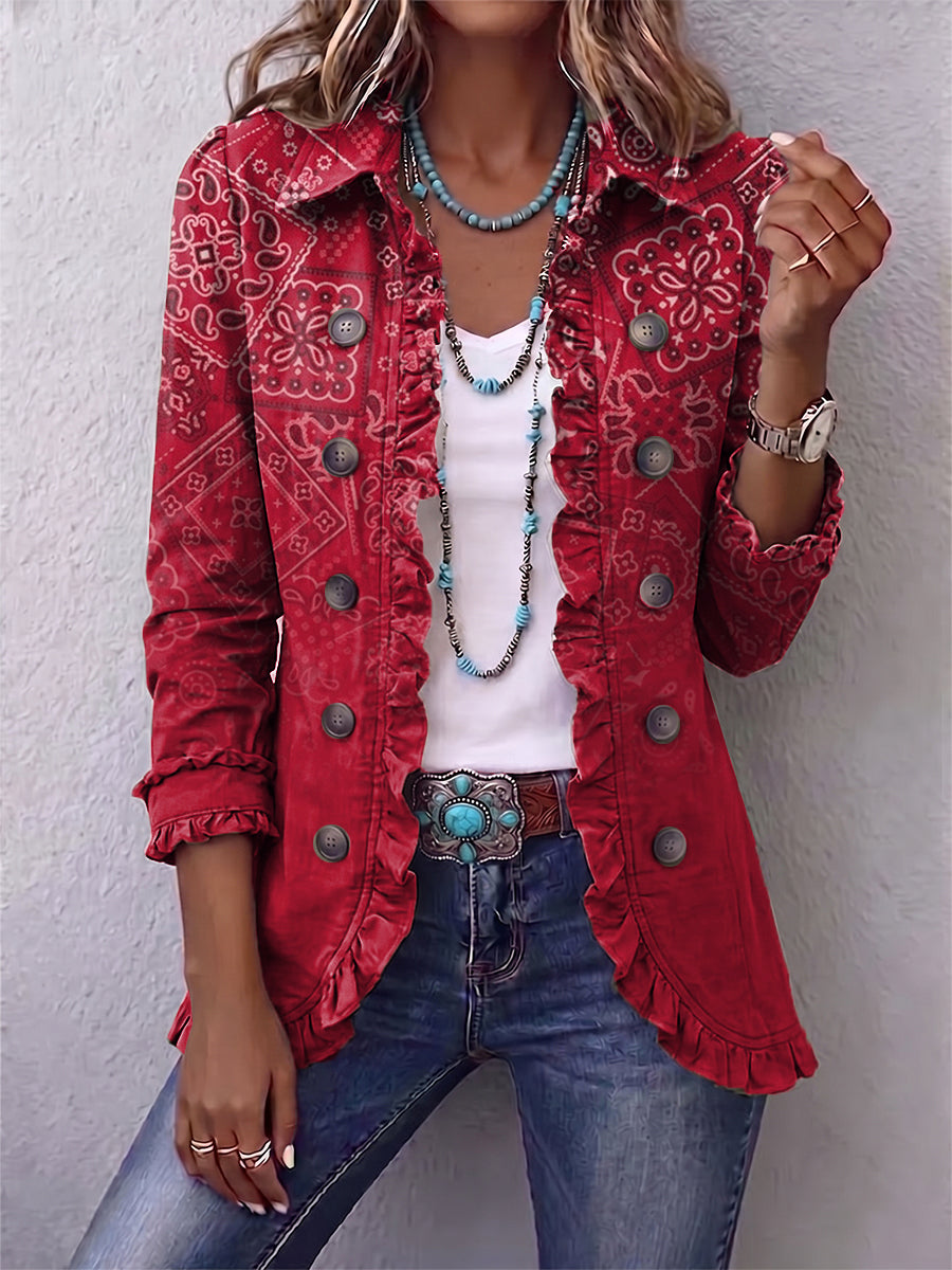 Carlotta | Giacca Boho con Volant, Paisley Sfumato Rosso