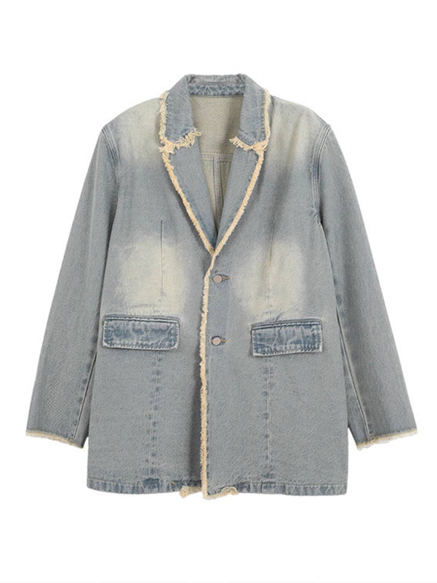 Daniela | Blazer Oversize in Denim con Bordi Sfrangiati, Blu Chiaro