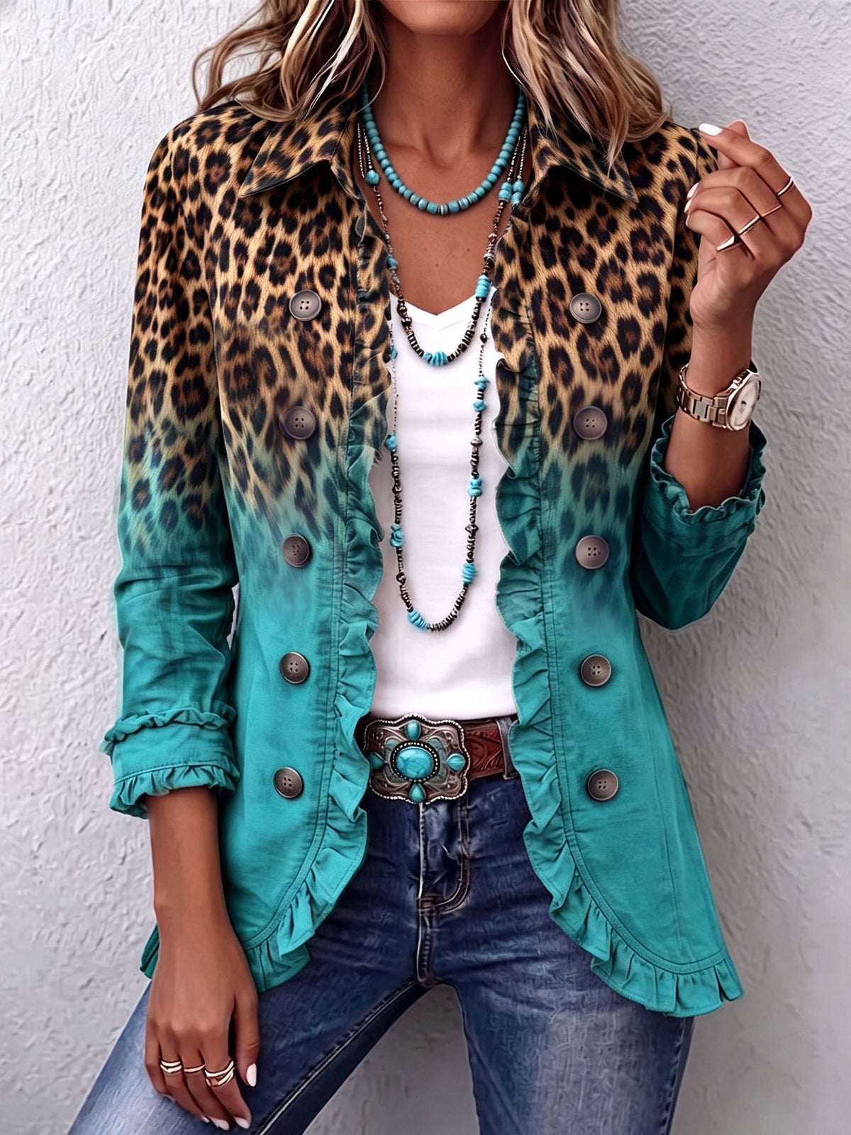 Emilia | Giacca Boho con Volant, Leopardo Sfumato