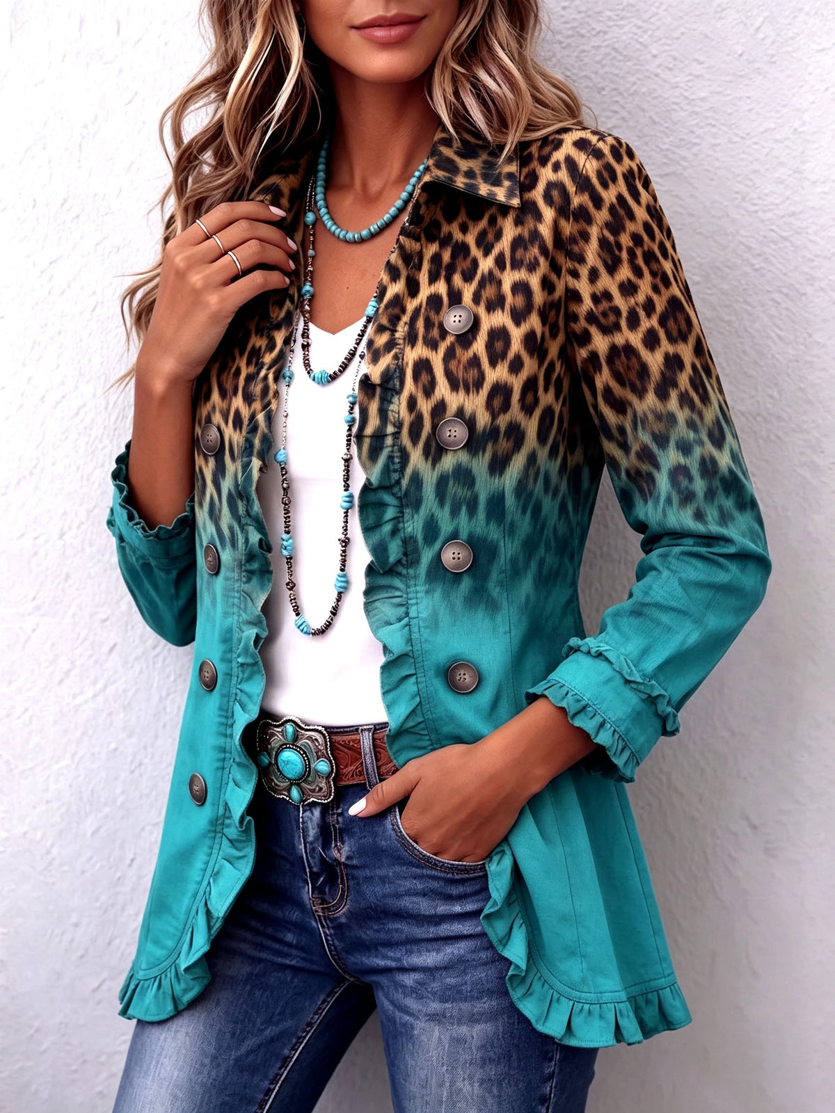 Emilia | Giacca Boho con Volant, Leopardo Sfumato
