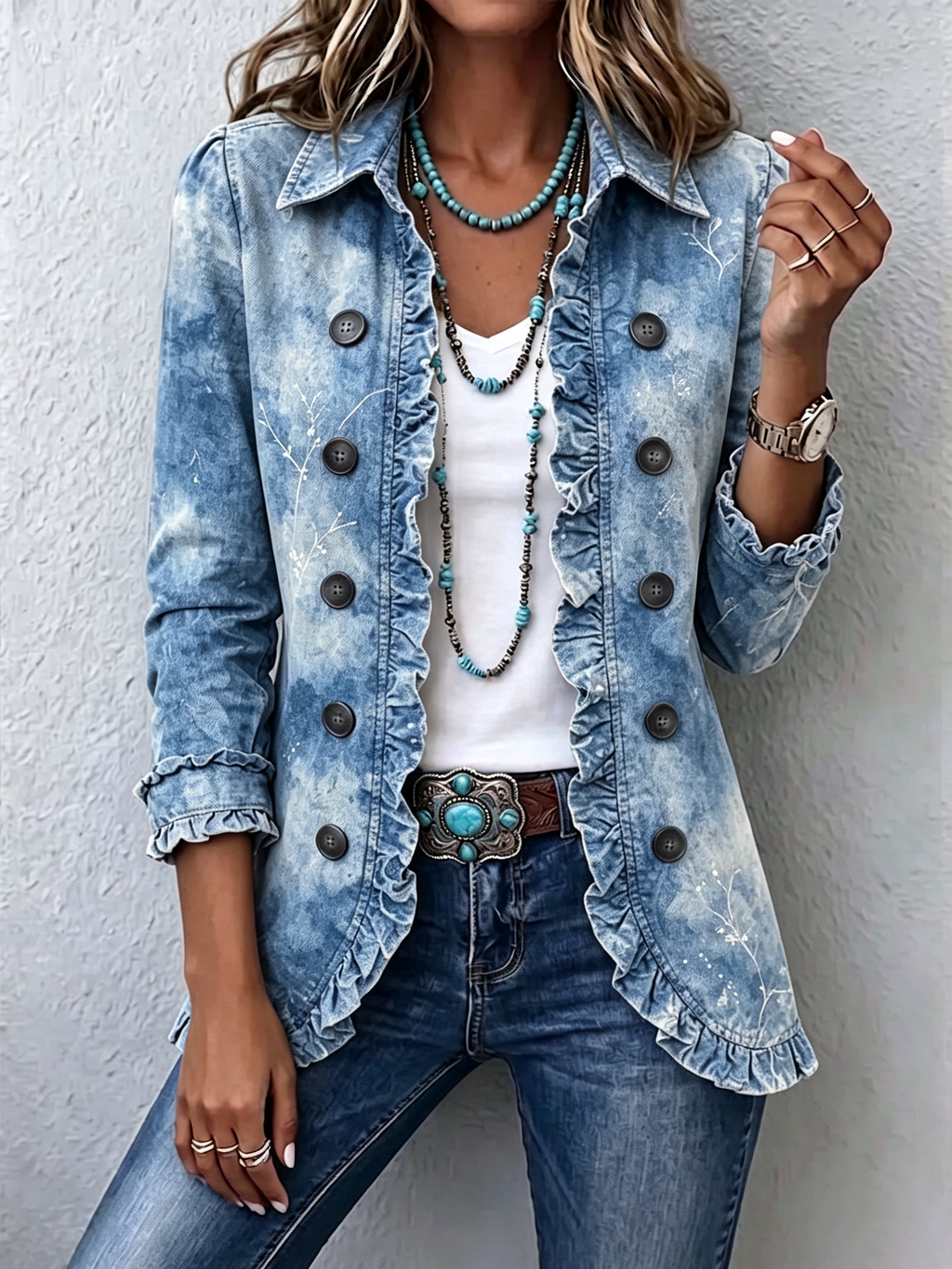 Giulia | Giacca Boho con Volant, Fantasia Botanica Blu