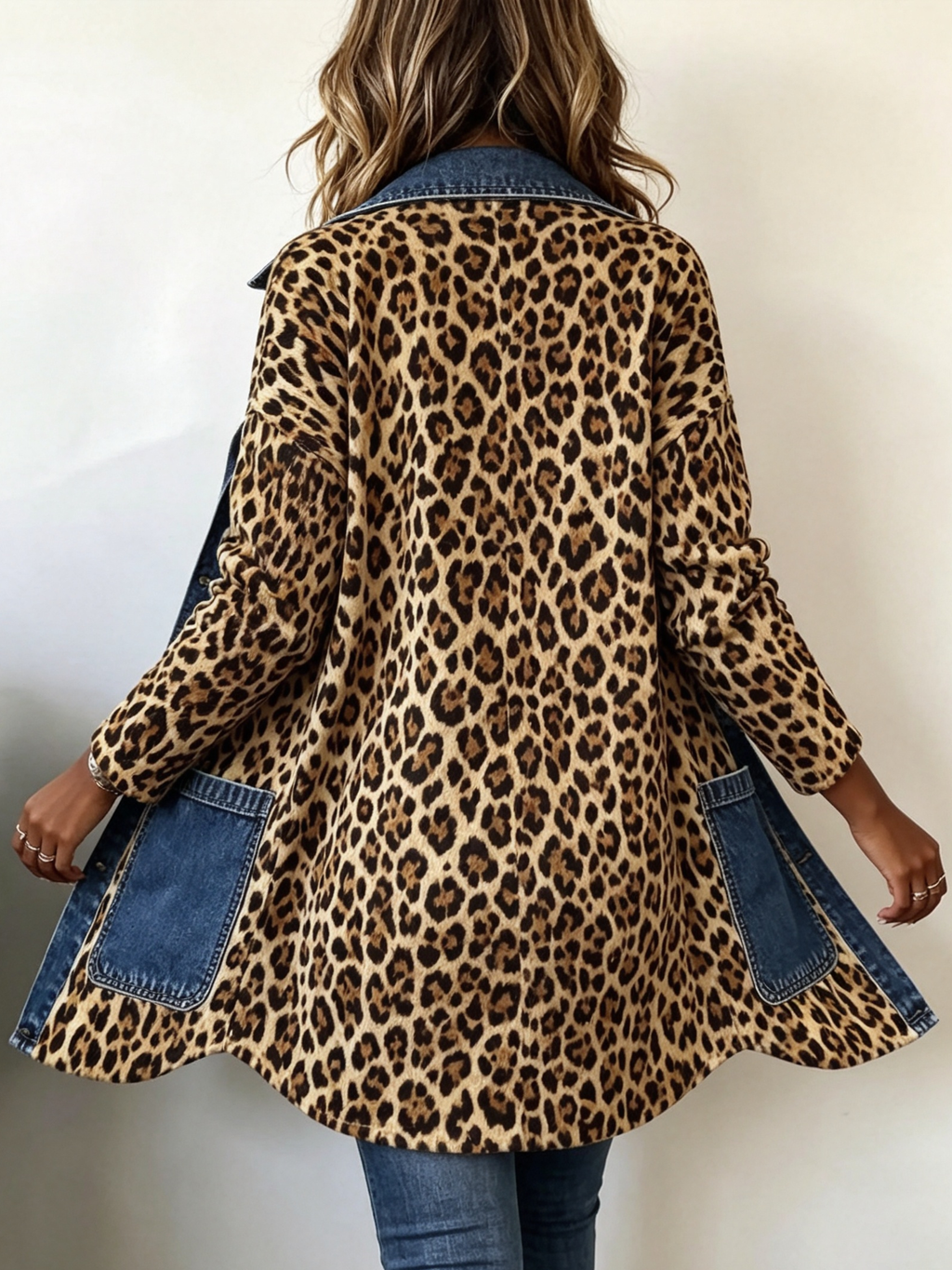 Flavia | Giacca Lunga in Denim con Inserti Leopardo
