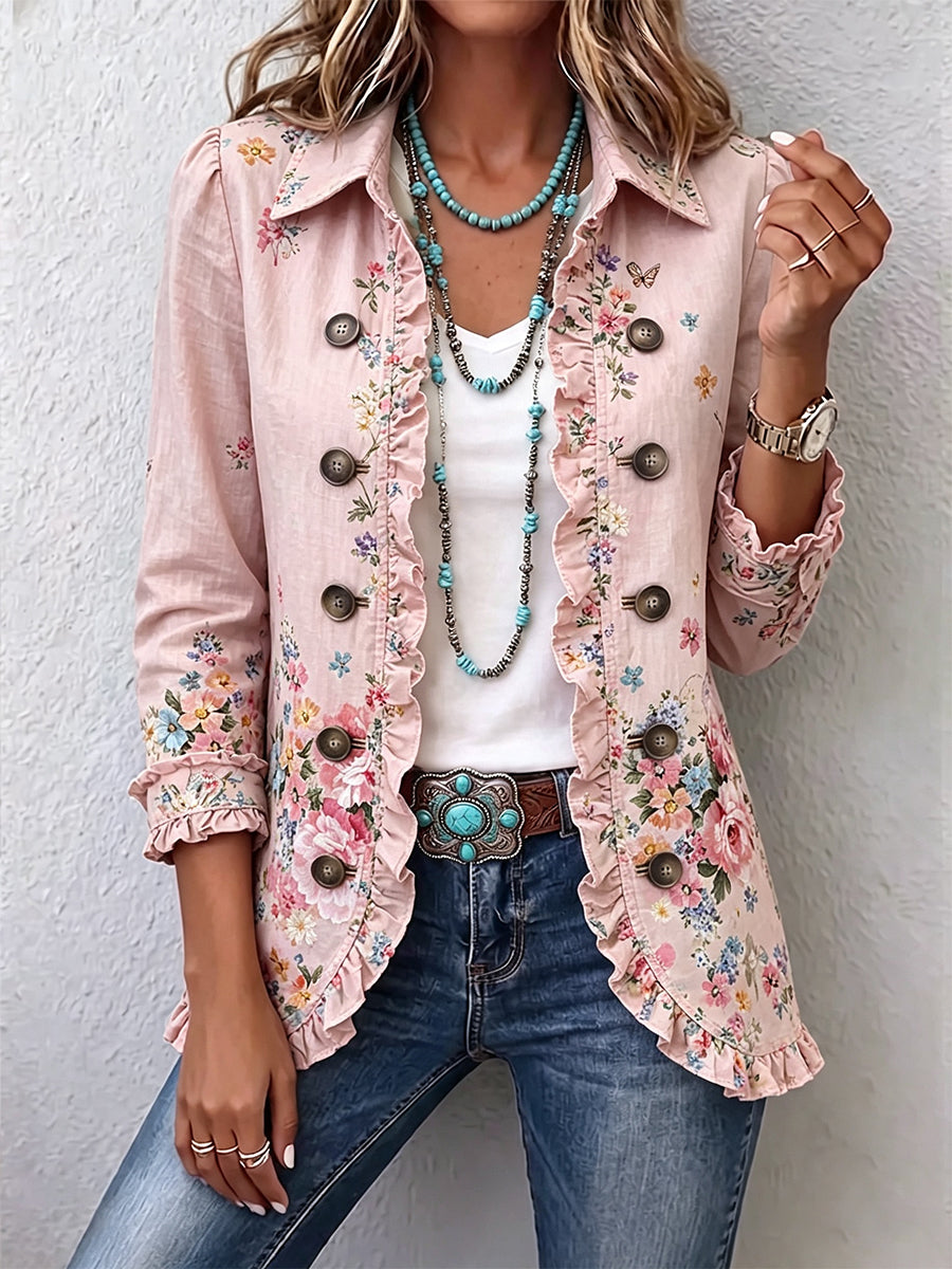 Beatrice | Giacca Boho con Volant, Fantasia Floreale Rosa
