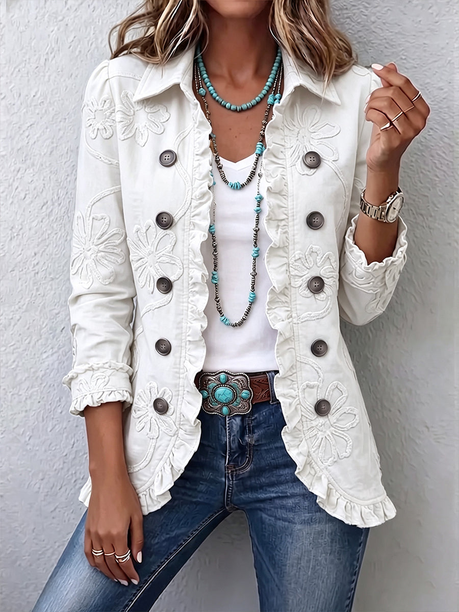 Mirella | Giacca Boho con Volant, Ricamo Floreale Avorio