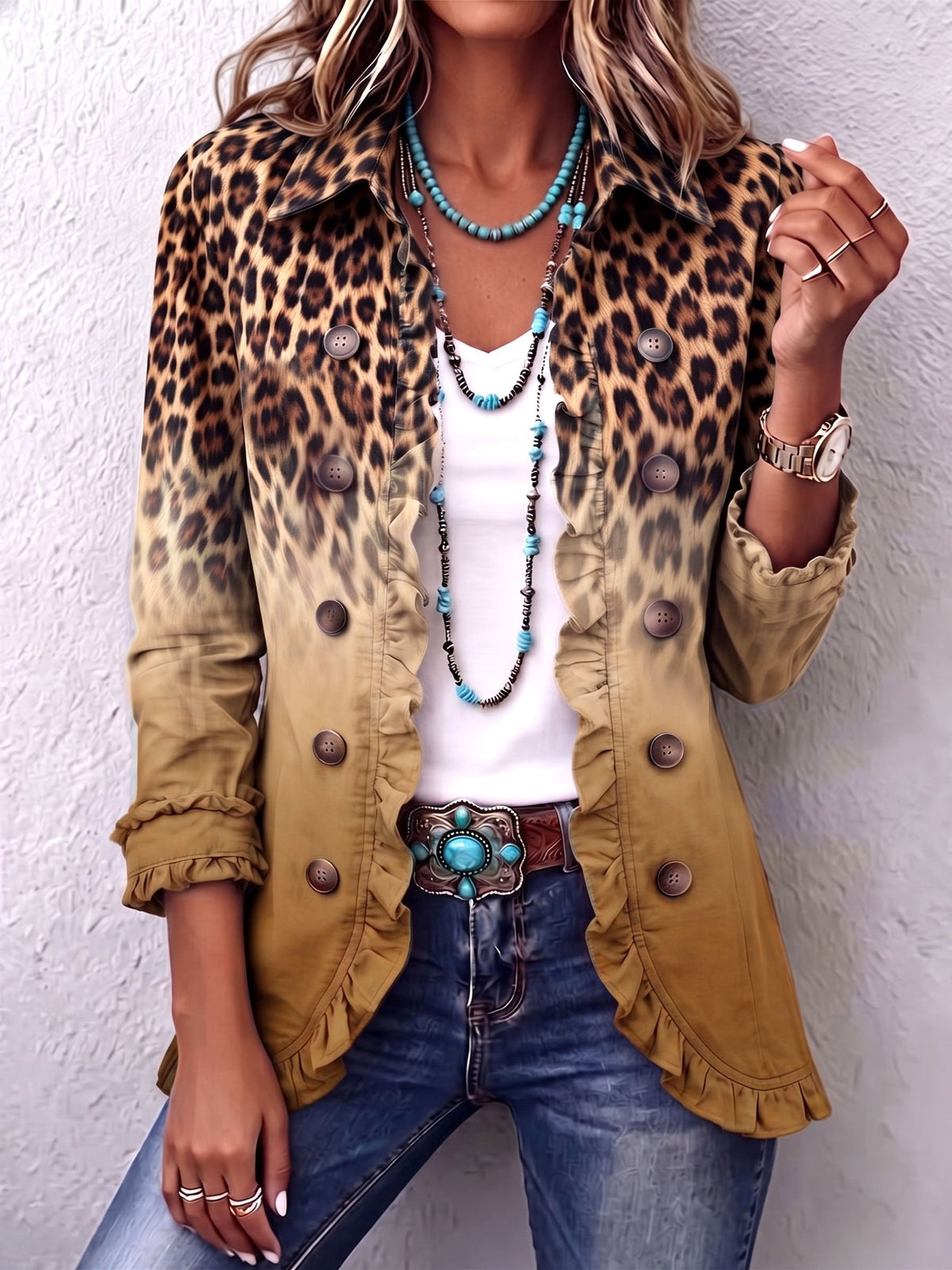 Emilia | Giacca Boho con Volant, Leopardo Sfumato