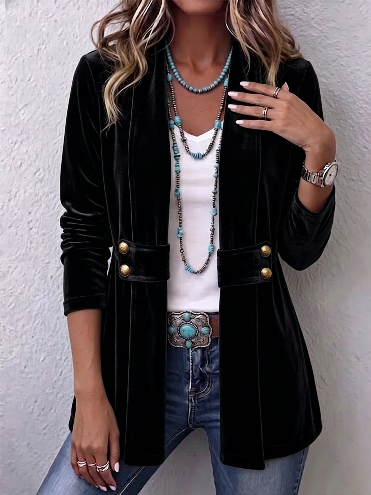 Ornella | Blazer Boho in Velluto con Bottoni Gioiello