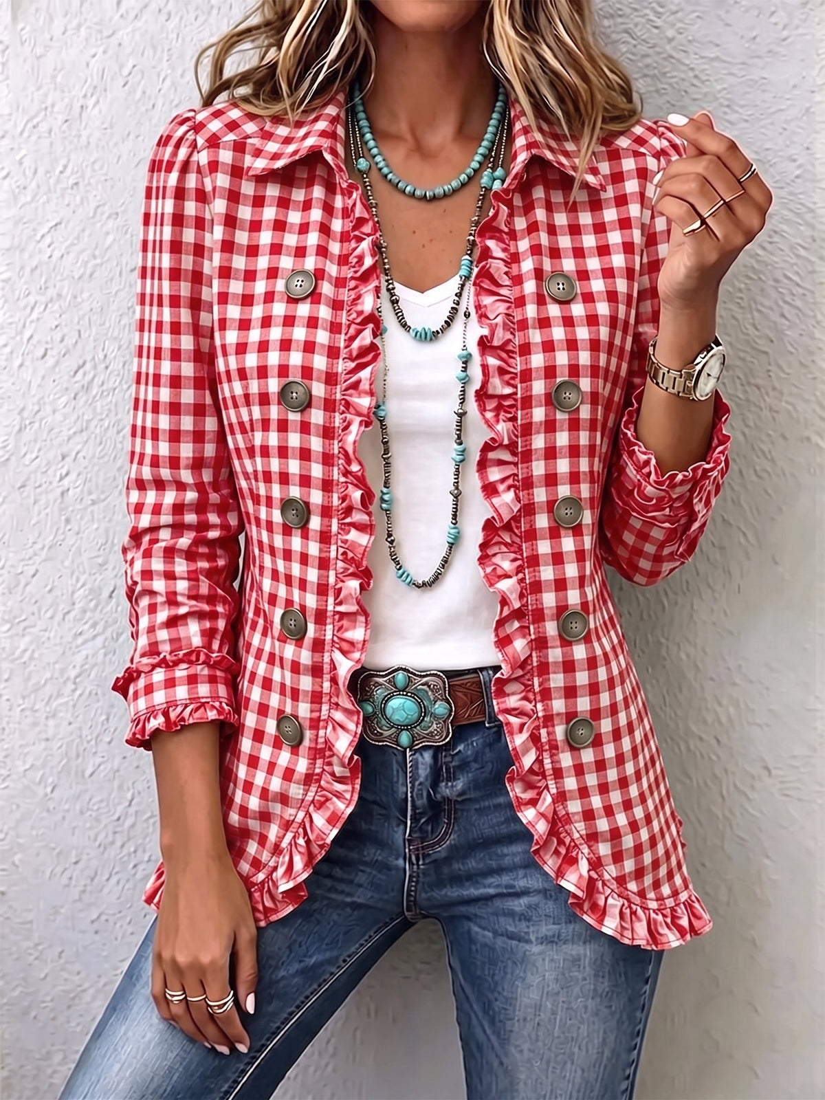 Chiara | Giacca Boho con Volant in Quadretti Vichy